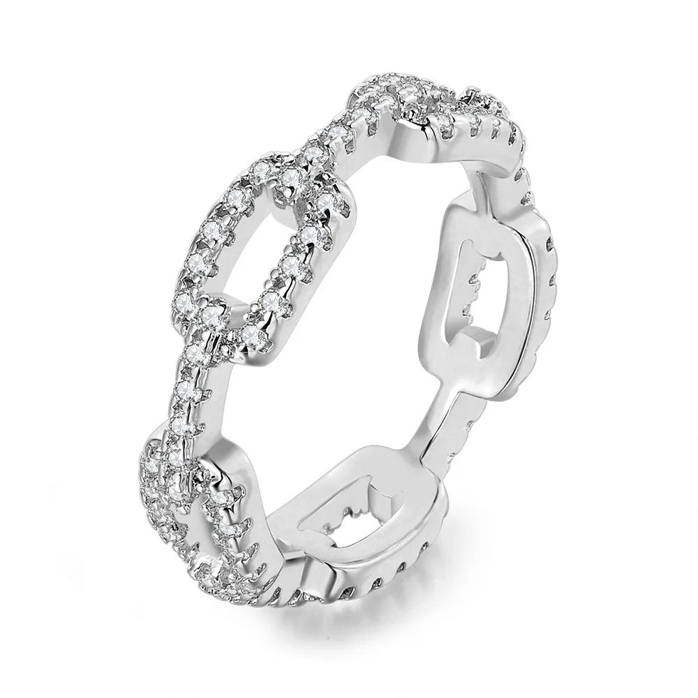 Silver Pave Link Ring Sparkling Crystal Chain Ring Elegant Fashion Jewelry Gift