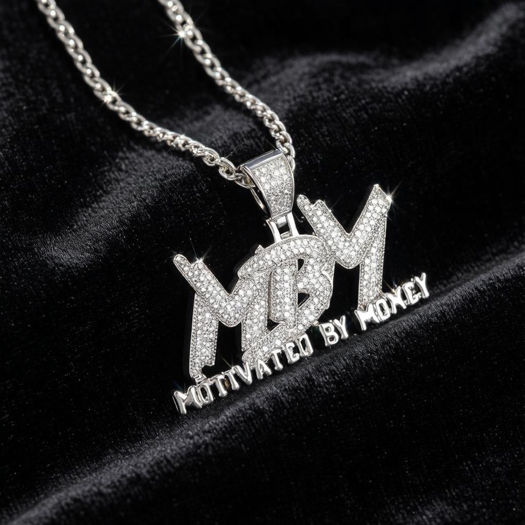 MBM Motivated By Money Iced Out Pendant Necklace – Silver CZ Hip Hop Chain