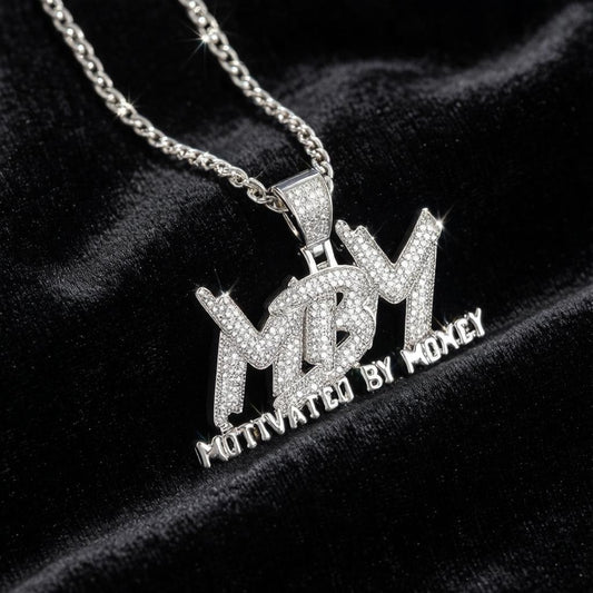 MBM Motivated By Money Iced Out Pendant Necklace – Silver CZ Hip Hop Chain