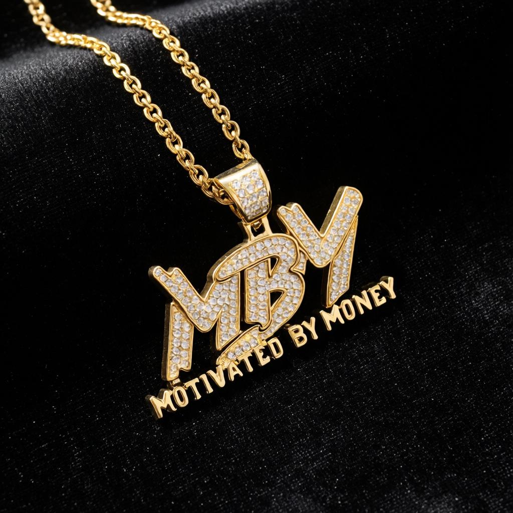 MBM Motivated By Money Iced Out Pendant Necklace – Silver CZ Hip Hop Chain