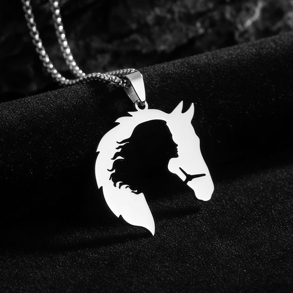 Horse & Woman Silhouette Pendant Necklace – Stainless Steel Silver Charm Necklace