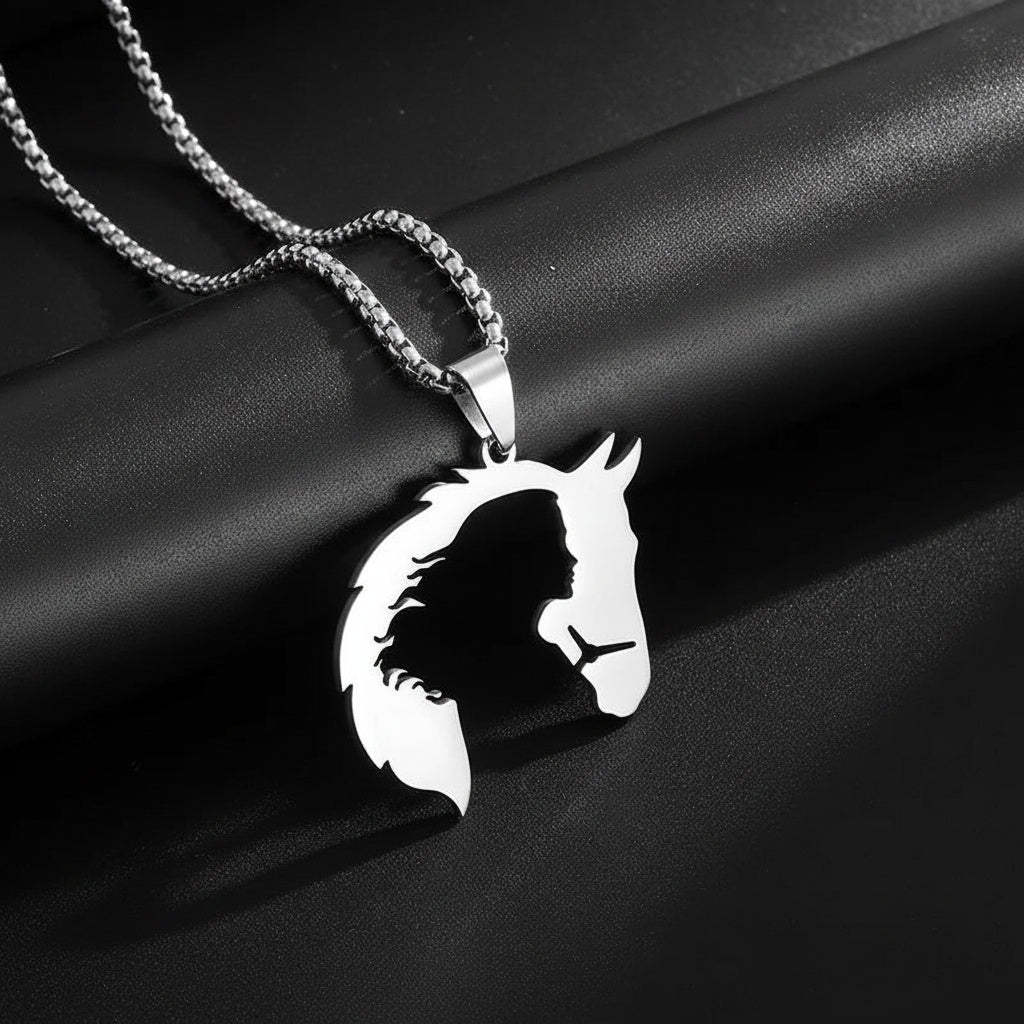 Horse & Woman Silhouette Pendant Necklace – Stainless Steel Silver Charm Necklace