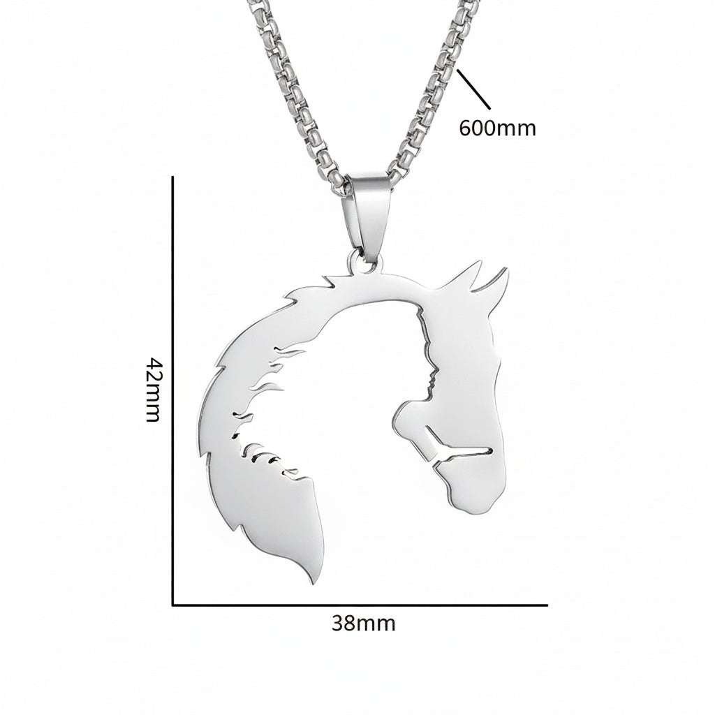 Horse & Woman Silhouette Pendant Necklace – Stainless Steel Silver Charm Necklace