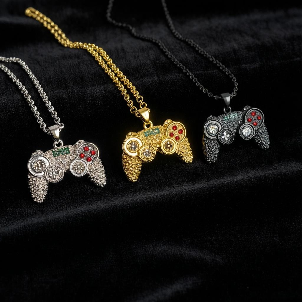Game Controller Pendant Necklace – Black Stainless Steel Gamer Charm Necklace