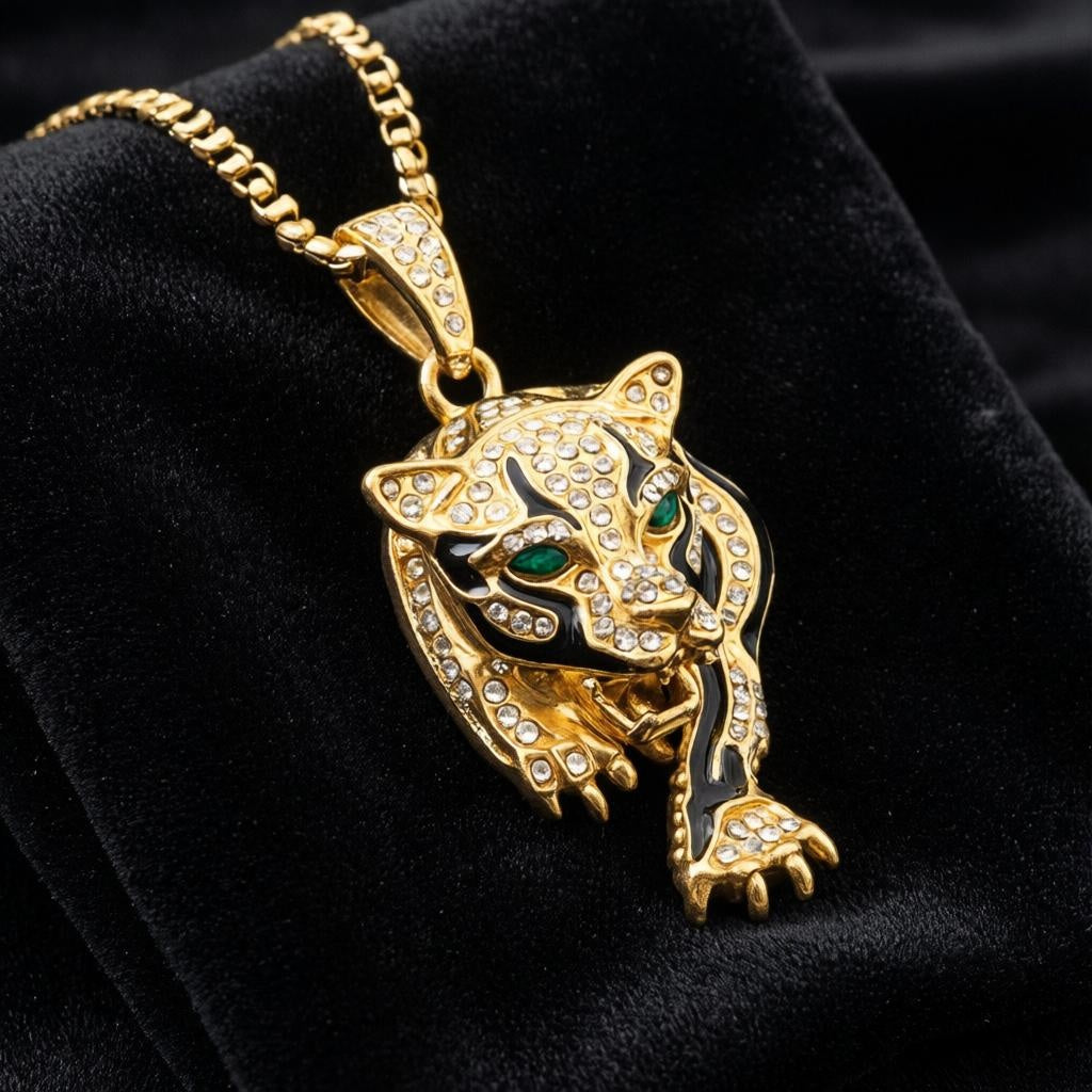 Iced Out Tiger Head Pendant Necklace – Gold Plated CZ Hip Hop Chain for Men