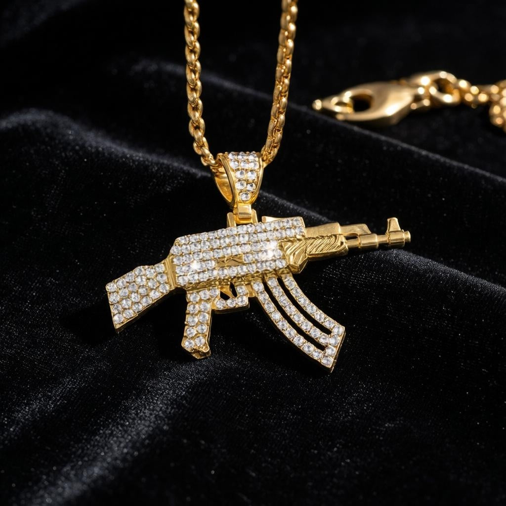 Iced Out Rifle Pendant Necklace – Gold Plated CZ Hip Hop Statement Chain