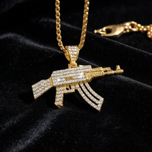 Iced Out Rifle Pendant Necklace – Gold Plated CZ Hip Hop Statement Chain