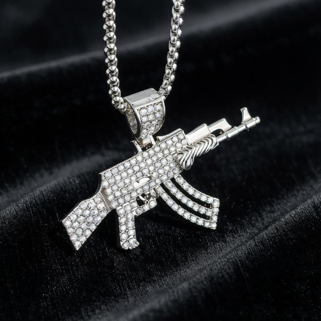Iced Out Rifle Pendant Necklace – Gold Plated CZ Hip Hop Statement Chain