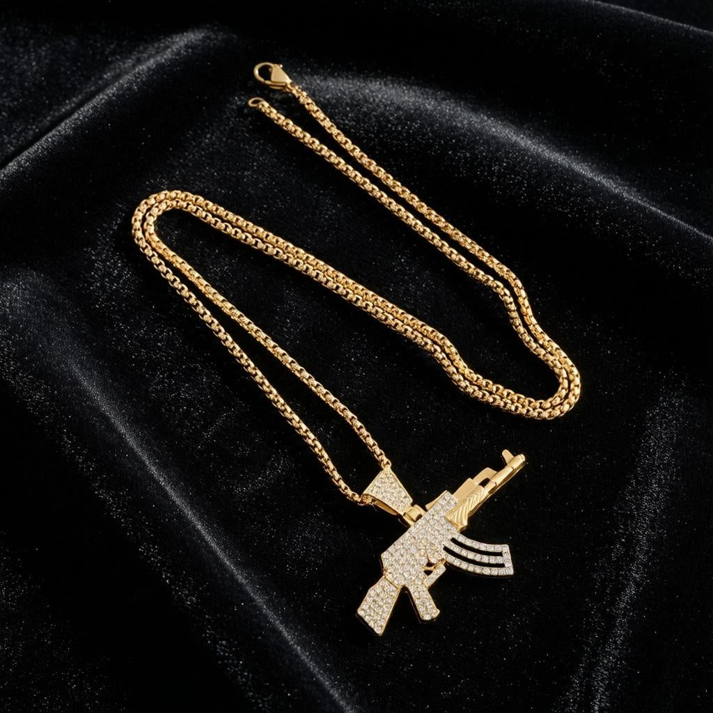 Iced Out Rifle Pendant Necklace – Gold Plated CZ Hip Hop Statement Chain