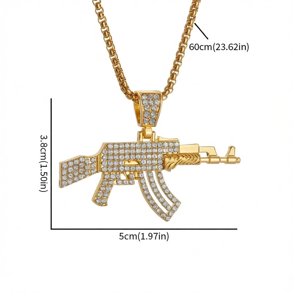 Iced Out Rifle Pendant Necklace – Gold Plated CZ Hip Hop Statement Chain