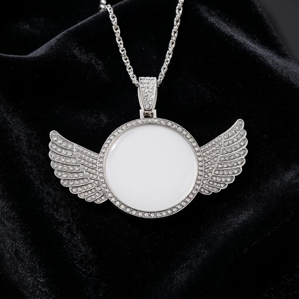 Angel Wings Photo Pendant Necklace – Silver CZ Memorial Picture Locket Necklace