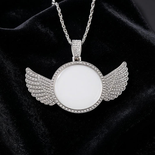 Angel Wings Photo Pendant Necklace – Silver CZ Memorial Picture Locket Necklace