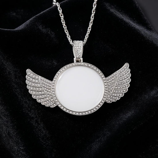 Angel Wings Photo Pendant Necklace – Silver CZ Memorial Picture Locket Necklace