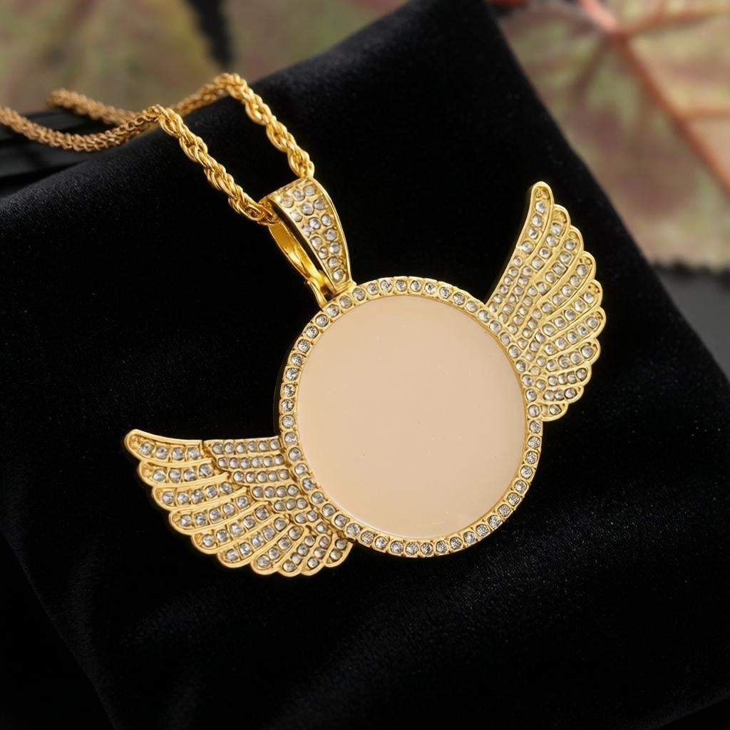 Angel Wings Photo Pendant Necklace – Silver CZ Memorial Picture Locket Necklace