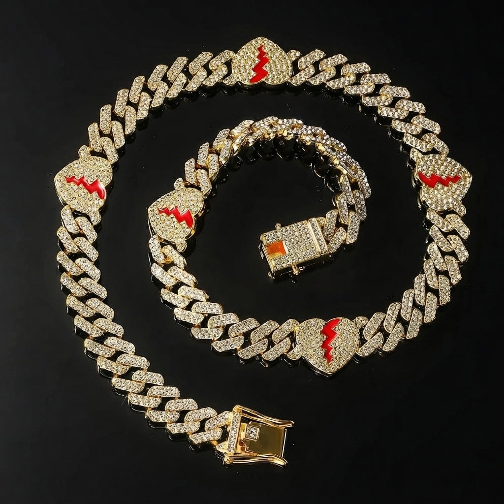 Iced Out Broken Heart Cuban Link Chain Necklace