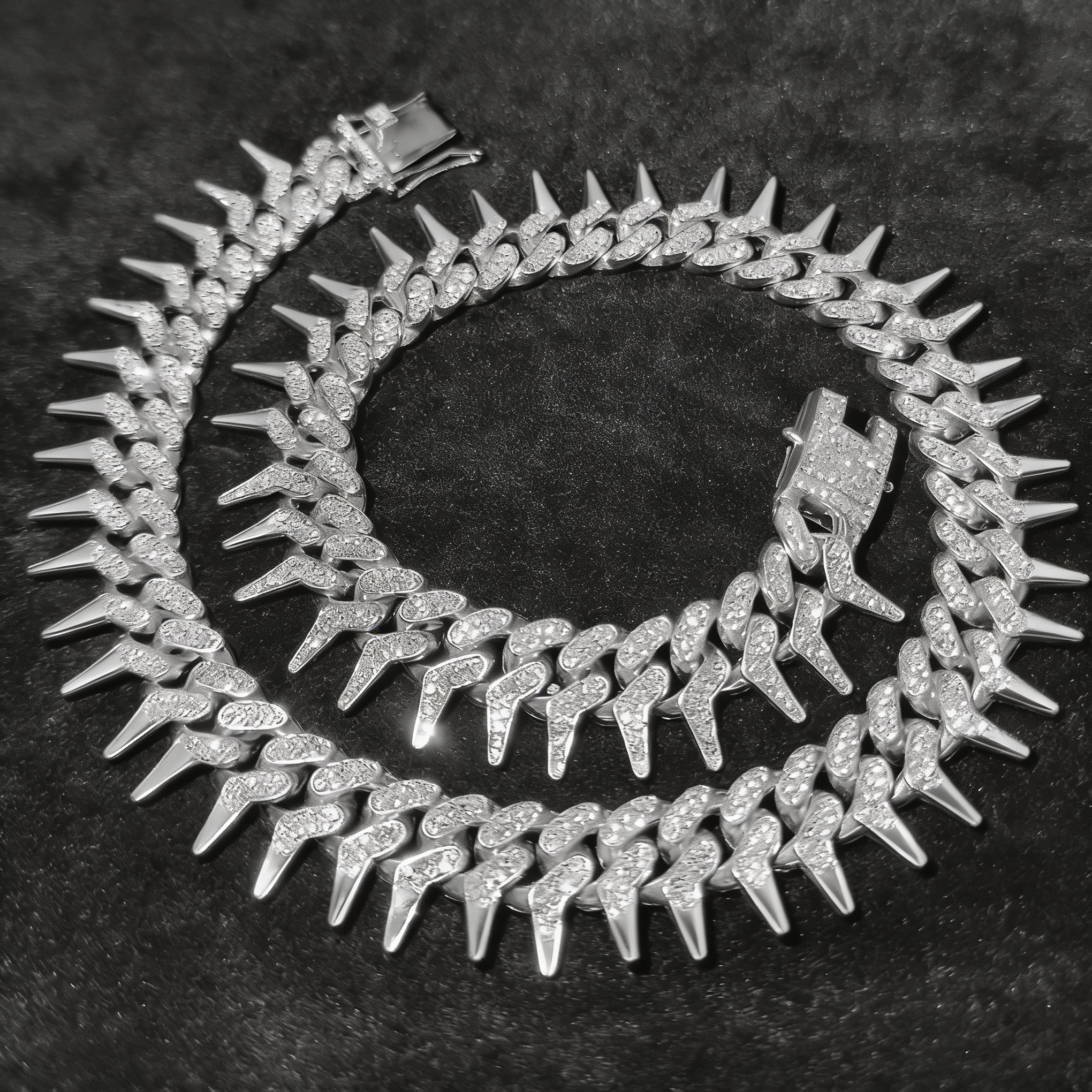 Iced Out Silver Spike Cuban Link Chain Necklace