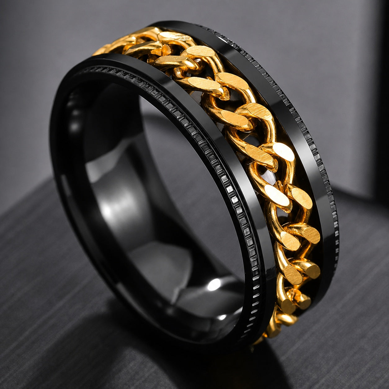 Black Gold Rotating Chain Ring Stainless Steel Spinner Ring Modern Statement Band