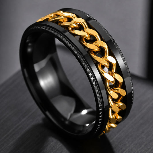 Black Gold Rotating Chain Ring Stainless Steel Spinner Ring Modern Statement Band