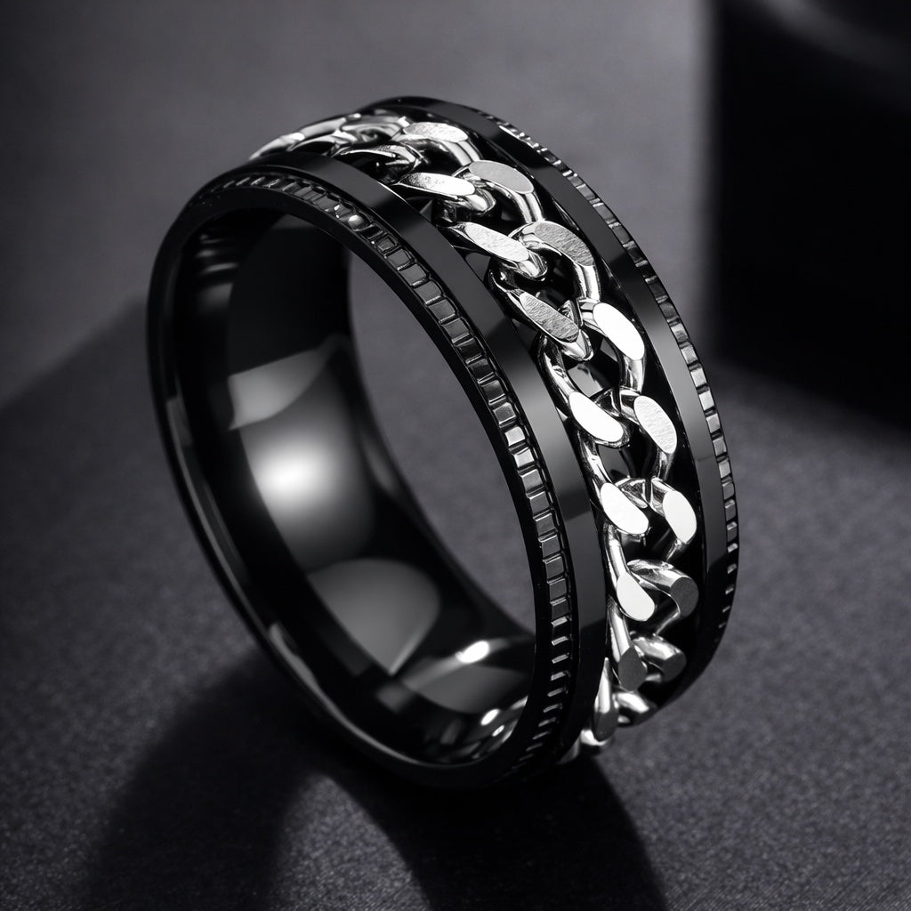 Black Gold Rotating Chain Ring Stainless Steel Spinner Ring Modern Statement Band
