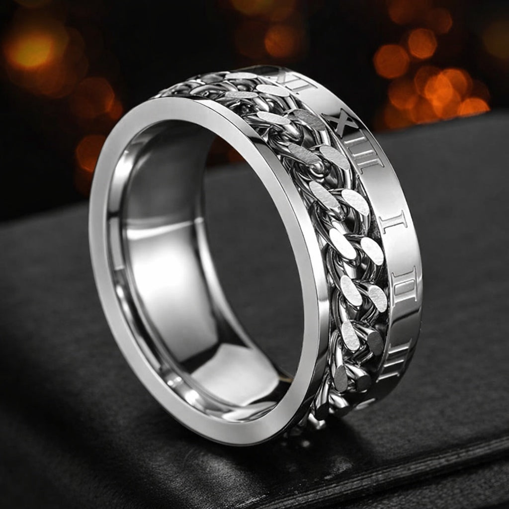 Silver Roman Numeral Spinner Chain Ring Stainless Steel Rotating Band Statement Jewelry