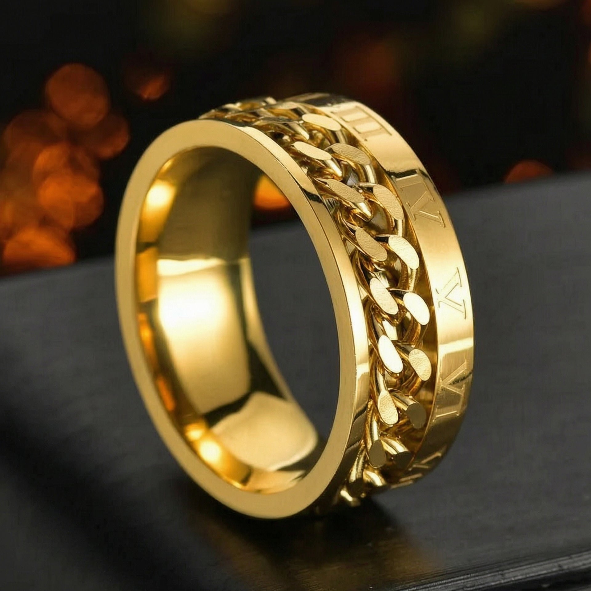 Silver Roman Numeral Spinner Chain Ring Stainless Steel Rotating Band Statement Jewelry