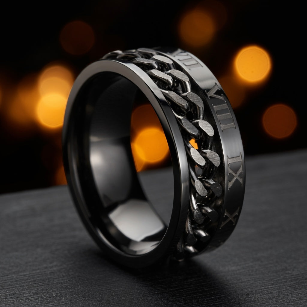 Silver Roman Numeral Spinner Chain Ring Stainless Steel Rotating Band Statement Jewelry