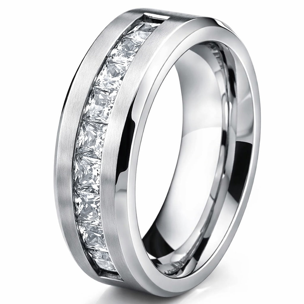 Silver Princess Cut Crystal Band Ring Stainless Steel Wedding Ring Elegant Statement Jewelry