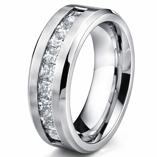 Silver Princess Cut Crystal Band Ring Stainless Steel Wedding Ring Elegant Statement Jewelry