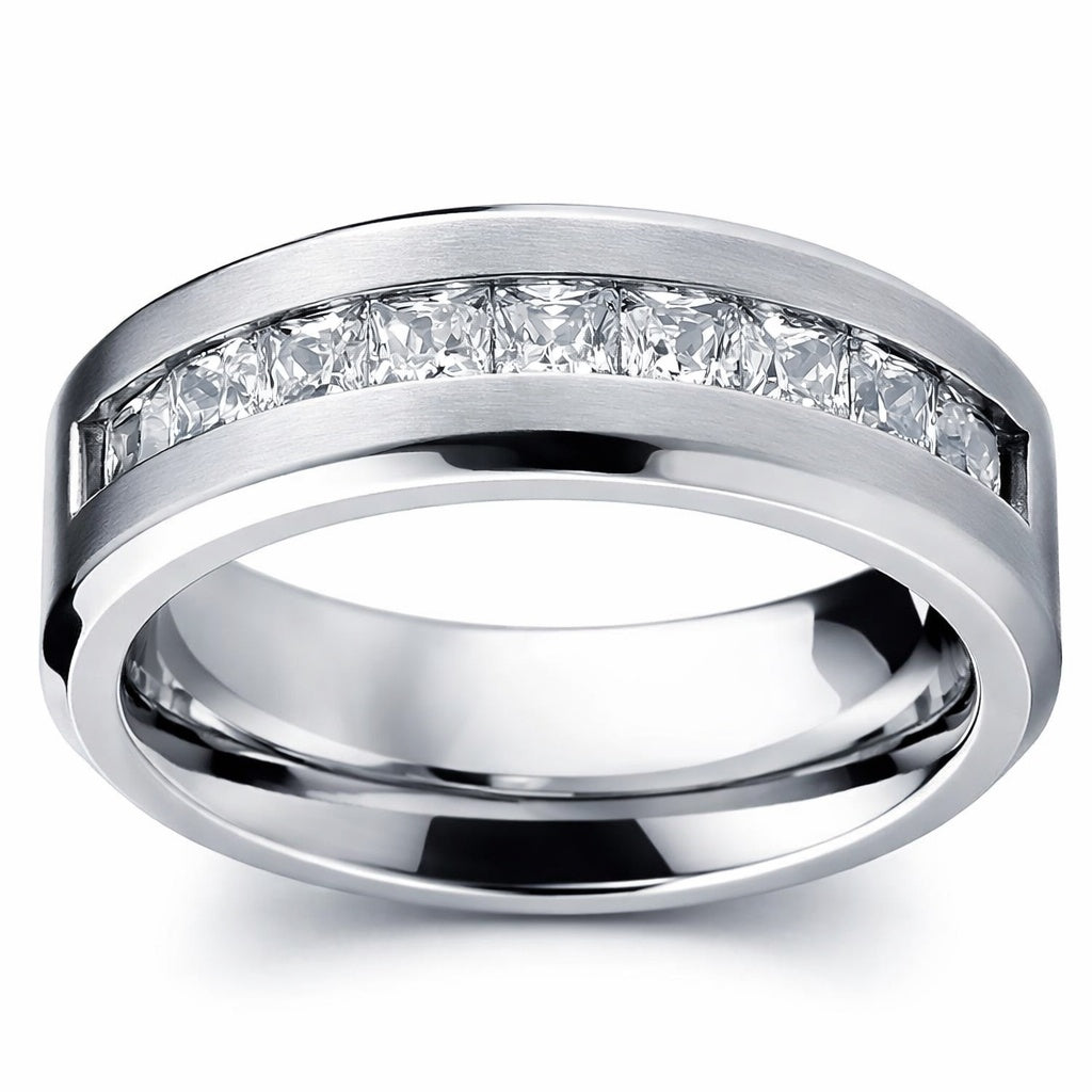 Silver Princess Cut Crystal Band Ring Stainless Steel Wedding Ring Elegant Statement Jewelry