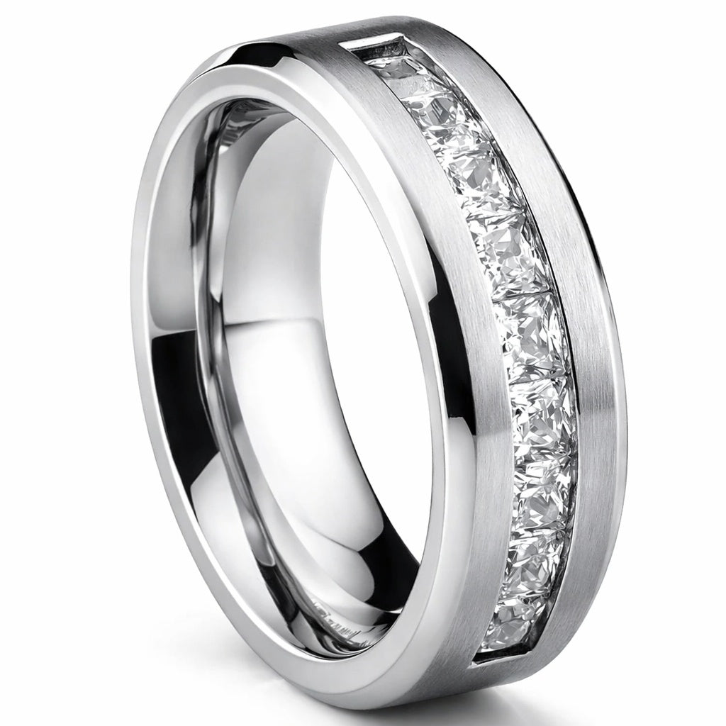 Silver Princess Cut Crystal Band Ring Stainless Steel Wedding Ring Elegant Statement Jewelry