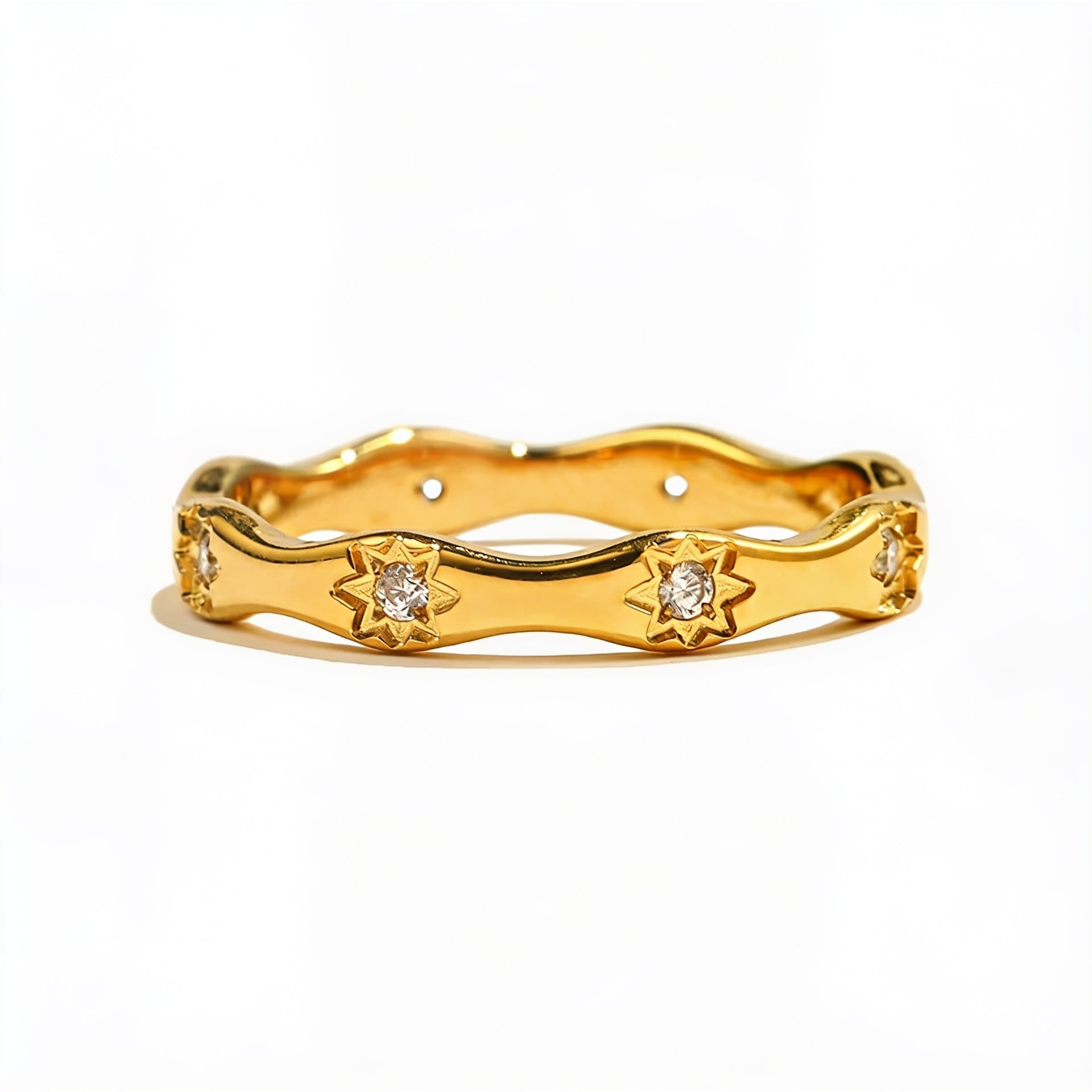 Gold Starburst Crystal Ring Minimalist Gold Plated Stackable Band Elegant Everyday Jewelry