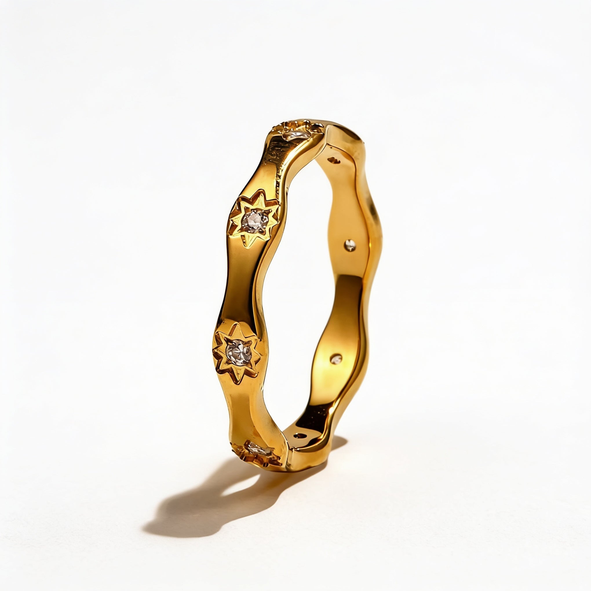 Gold Starburst Crystal Ring Minimalist Gold Plated Stackable Band Elegant Everyday Jewelry