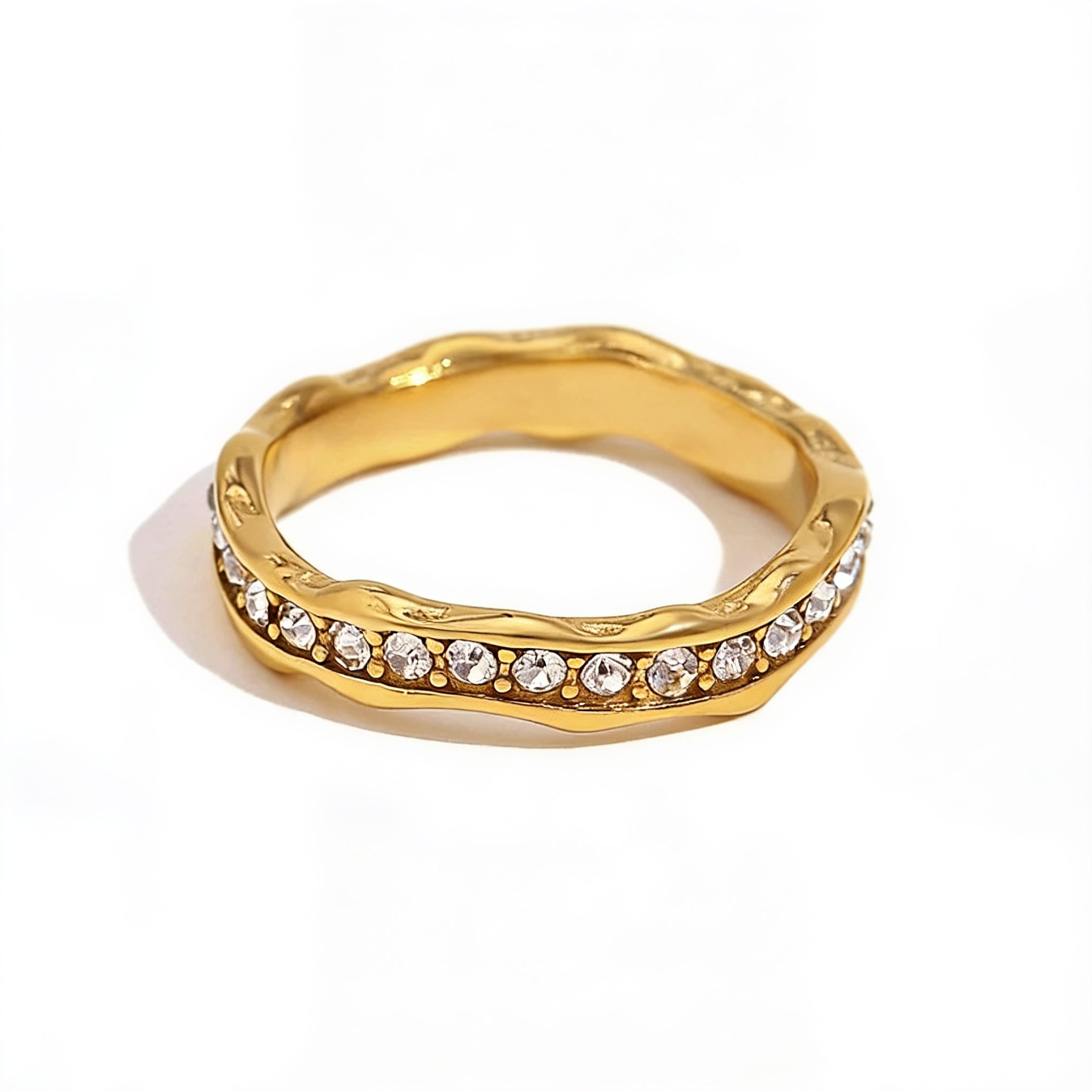 Gold Pave Crystal Wave Ring Minimalist Gold Plated Stackable Band Elegant Fashion Jewelry