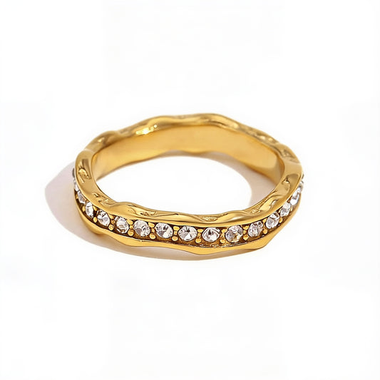 Gold Pave Crystal Wave Ring Minimalist Gold Plated Stackable Band Elegant Fashion Jewelry