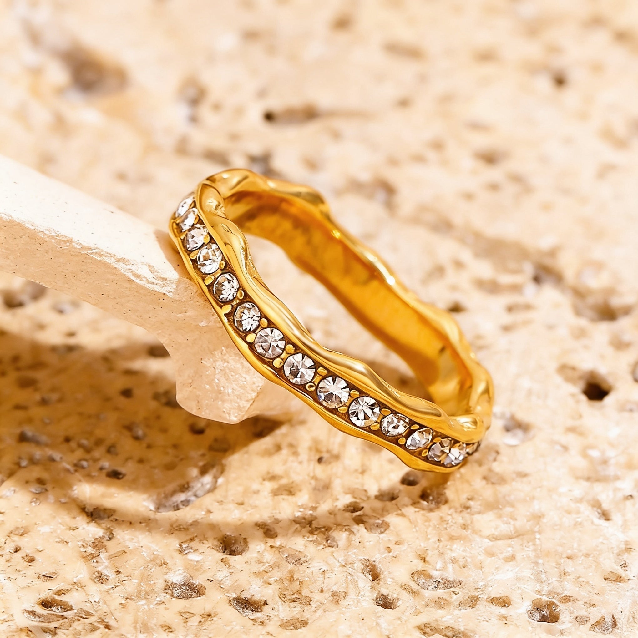 Gold Pave Crystal Wave Ring Minimalist Gold Plated Stackable Band Elegant Fashion Jewelry