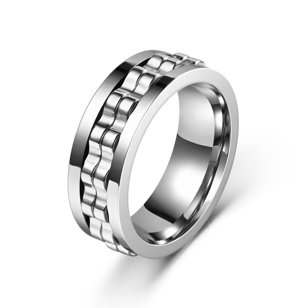 Silver Black Chain Spinner Ring Stainless Steel Rotating Band Modern Statement Jewelry