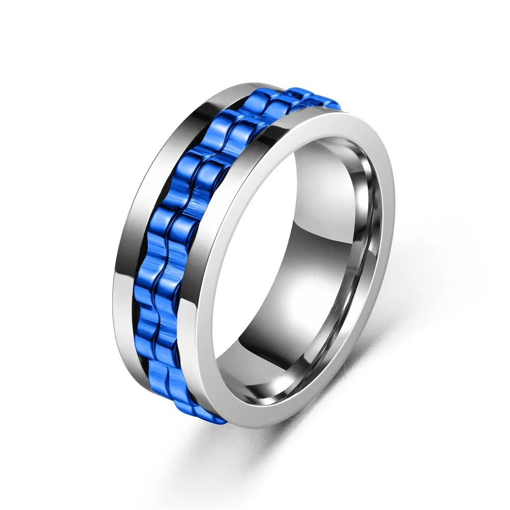 Silver Black Chain Spinner Ring Stainless Steel Rotating Band Modern Statement Jewelry