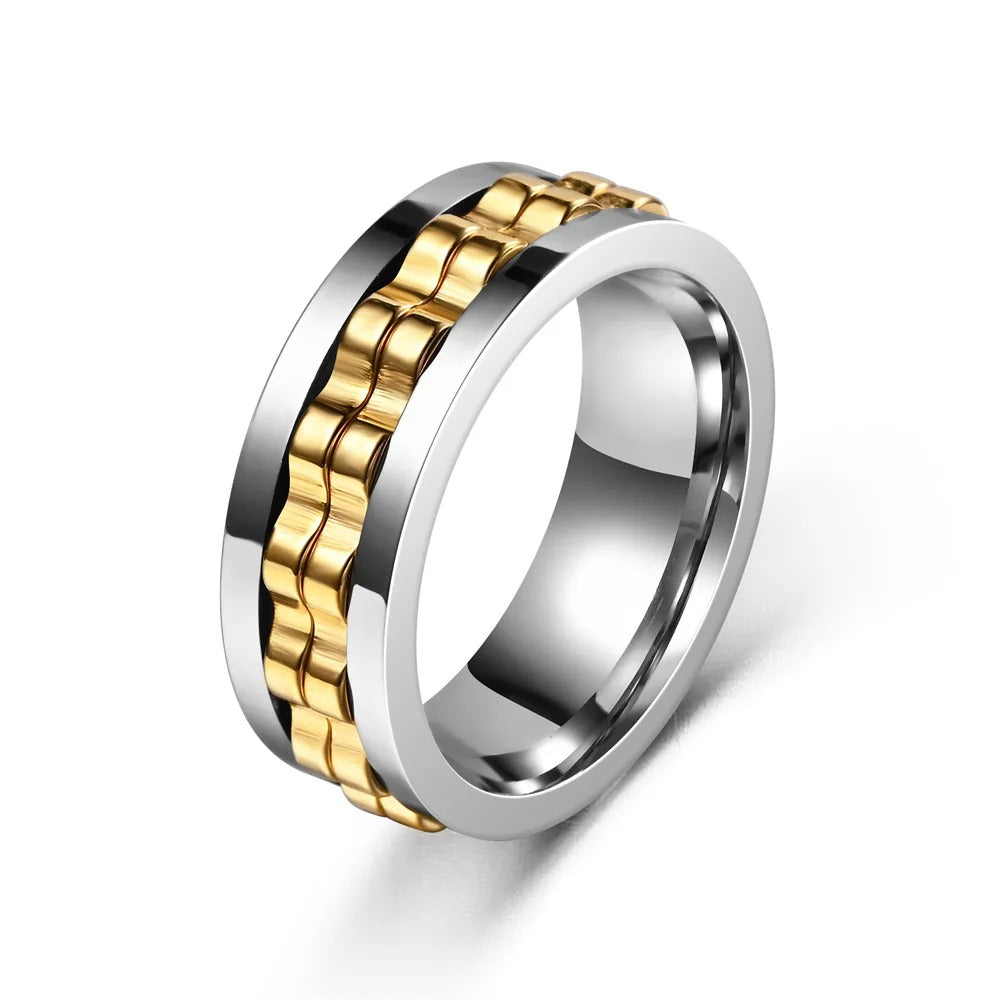 Silver Black Chain Spinner Ring Stainless Steel Rotating Band Modern Statement Jewelry