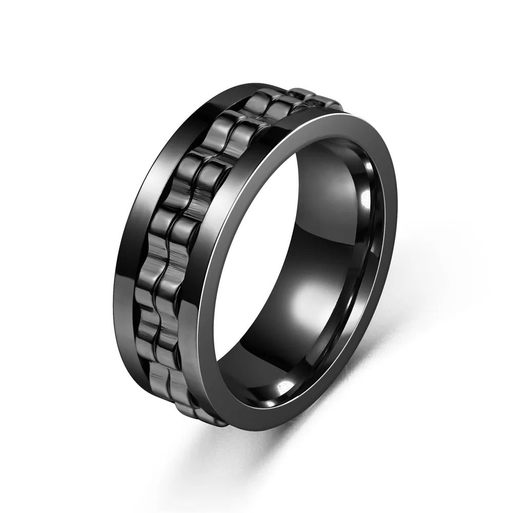 Black Chain Spinner Ring Stainless Steel Rotating Band Modern Statement Jewelry
