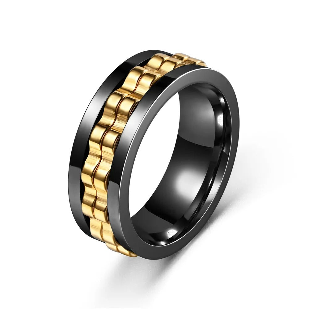 Black Chain Spinner Ring Stainless Steel Rotating Band Modern Statement Jewelry