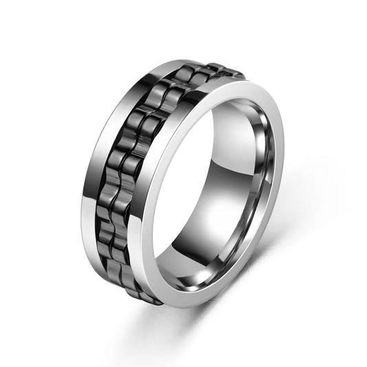 Silver Black Chain Spinner Ring Stainless Steel Rotating Band Modern Statement Jewelry